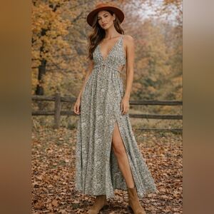 Floral Sage Green Maxi Dress with Deep V and Side Slit